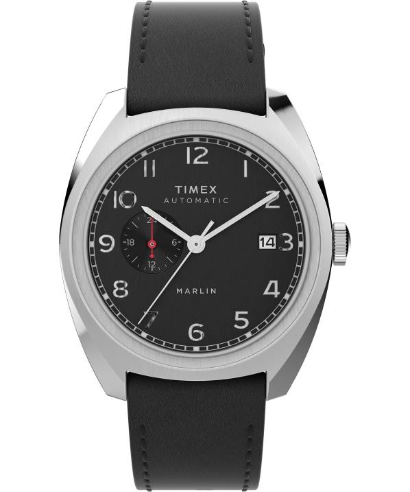 órák | B8NR39 Timex rozsdamentes acél/fekete marlin számlapos automata 39 mm-es bőr szíjas óra férfiak