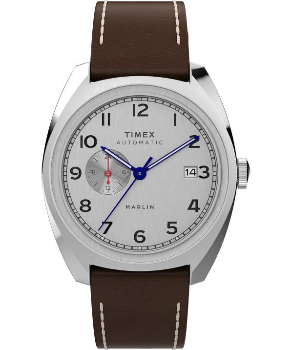 órák | B8NR40 Timex rozsdamentes acél/barna/ezüst tónusú marlin számlapos automata 39 mm-es bőr szíjas óra férfiak