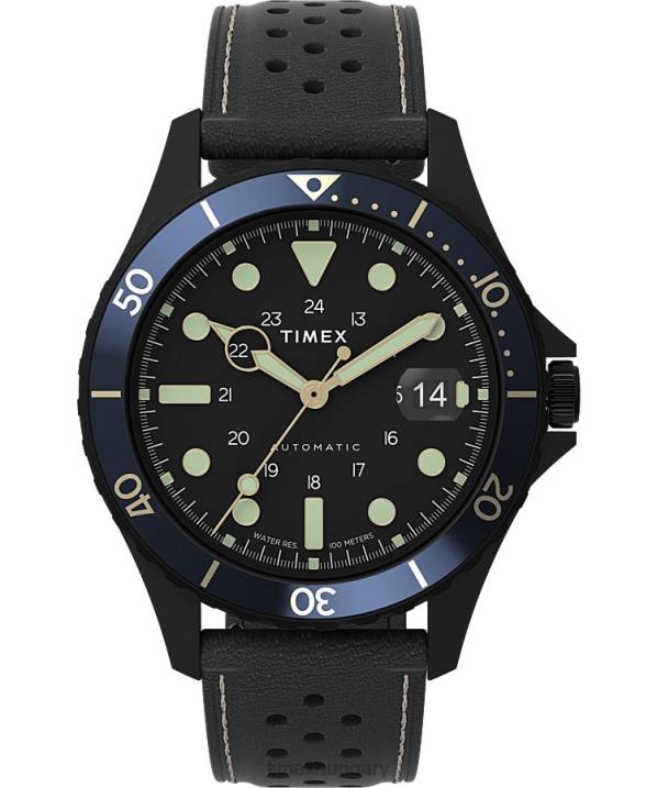 órák | B8NR42 Timex fekete navi xl automata 41mm-es bőr szíjas karóra férfiak