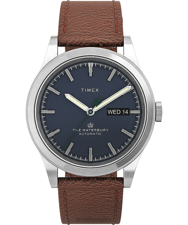 órák | B8NR55 Timex rozsdamentes acél/barna/kék waterbury hagyományos automata 39 mm-es bőr szíjas karóra férfiak