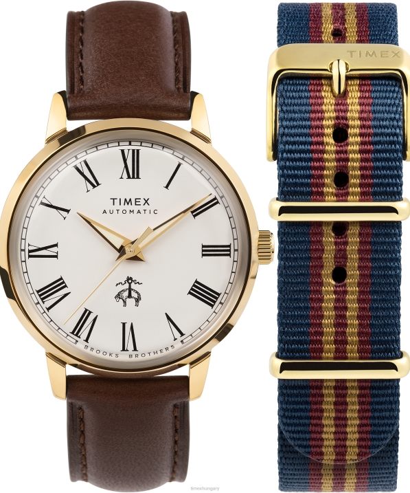 órák | B8NR175 Timex x rozsdamentes acél/barna/krémszín brooks brothers arany tónusú marlin automata 38mm-es bőrszíj és szövetszíj készlet férfiak
