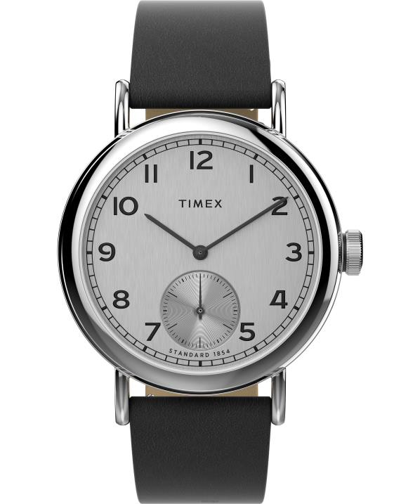 órák | B8NR180 Timex ezüst tónusú/fekete normál almásodperc alatti 40 mm-es almabőr szíjas óra férfiak
