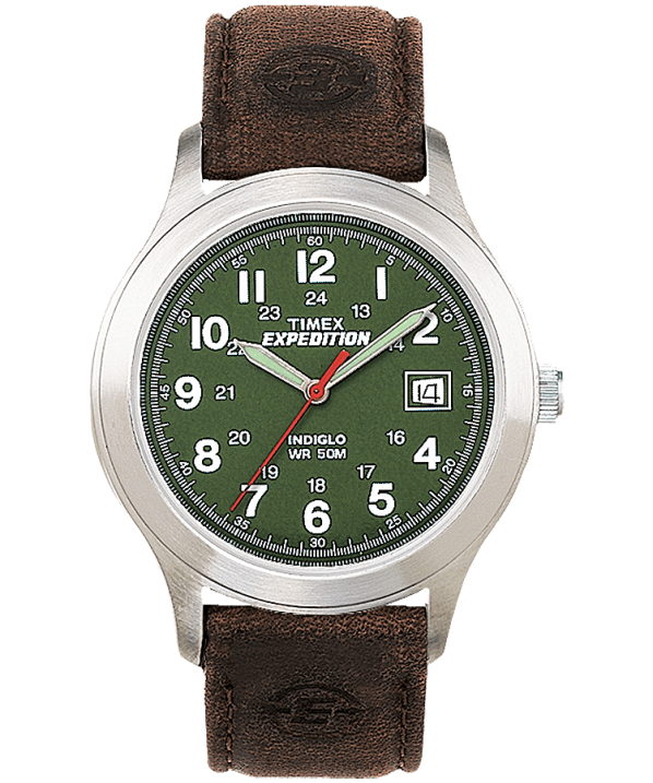 órák | B8NR182 Timex ezüst tónusú/barna/zöld expedition fém mezei 39mm-es bőr szíjas karóra férfiak
