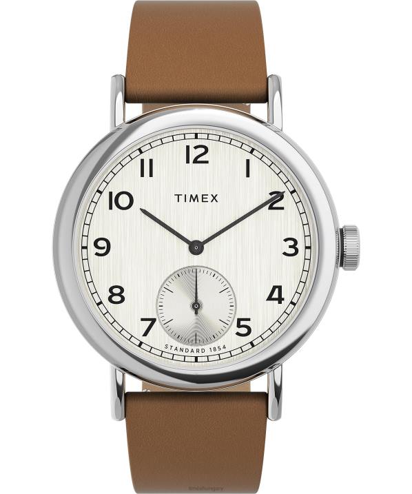 órák | B8NR183 Timex ezüst tónusú/barna/pezsgős normál almásodperc alatti 40 mm-es almabőr szíjas óra férfiak