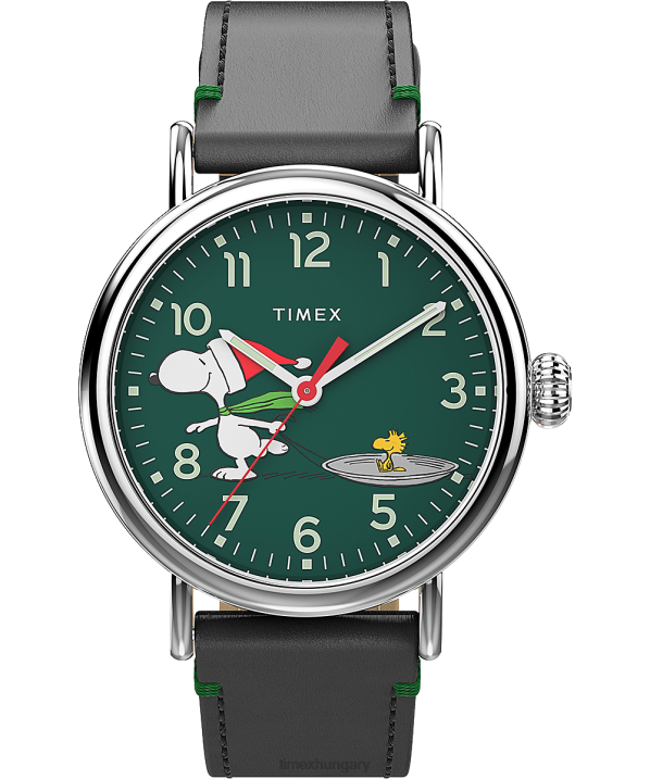 órák | B8NR184 Timex ezüst tónusú/fekete/zöld szabványos x földimogyoró snoopy jégkorcsolya 40 mm-es bőrszíjas órával férfiak