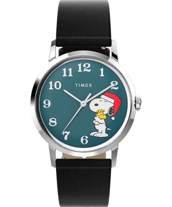 órák | B8NR185 Timex rozsdamentes acél/fekete/kék marlin kézi tekercses x snoopy holiday 34mm-es bőr szíjas karóra férfiak