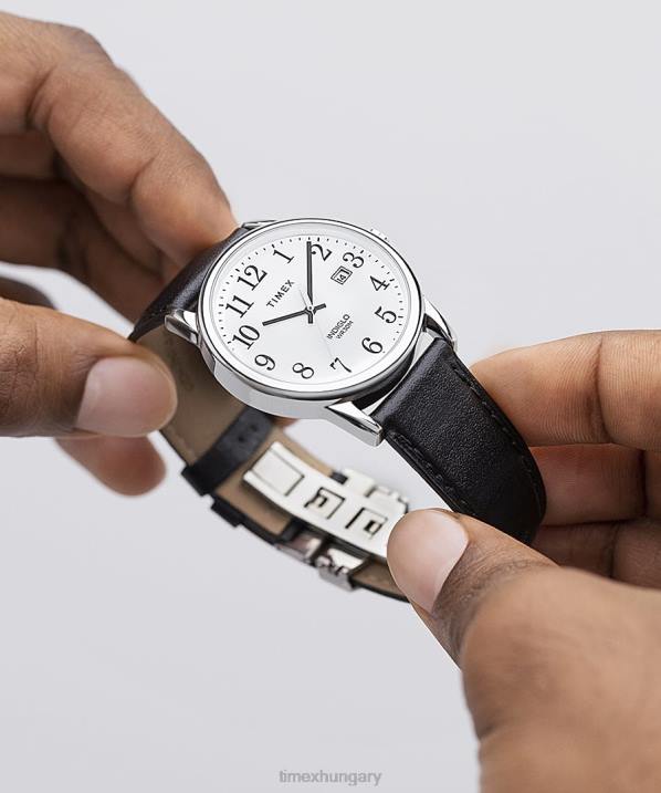 órák | B8NR186 Timex ezüst tónusú/fekete/fehér Easy Reader 38mm egyszeri állítható bőr szíjas óra férfiak