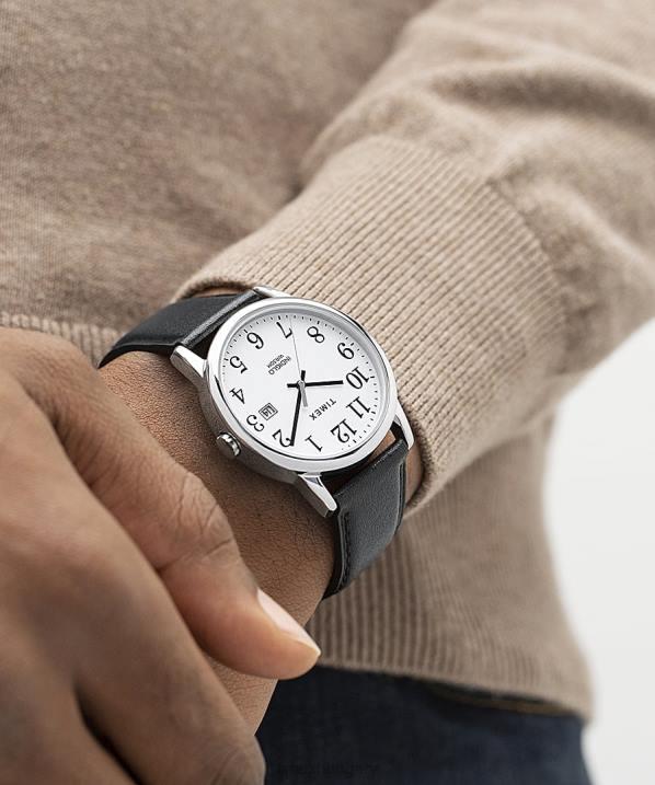 órák | B8NR186 Timex ezüst tónusú/fekete/fehér Easy Reader 38mm egyszeri állítható bőr szíjas óra férfiak