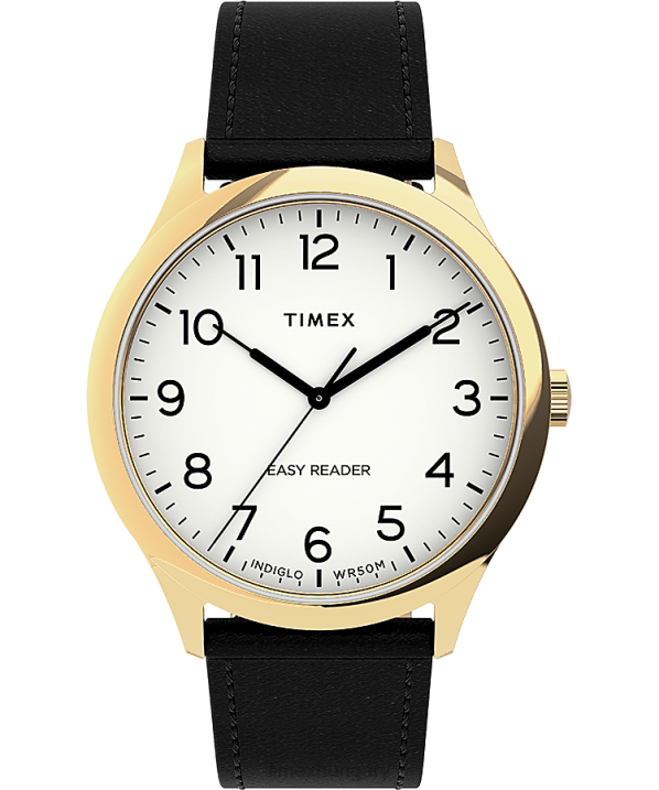 órák | B8NR190 Timex arany tónusú/fekete/fehér easy reader gen1 40mm-es bőr szíjas karóra férfiak