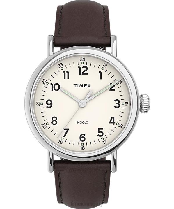 órák | B8NR195 Timex ezüst tónusú/barna/krémes szabványos 40 mm-es bőrszíjas óra férfiak