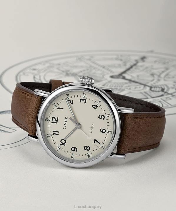 órák | B8NR195 Timex ezüst tónusú/barna/krémes szabványos 40 mm-es bőrszíjas óra férfiak