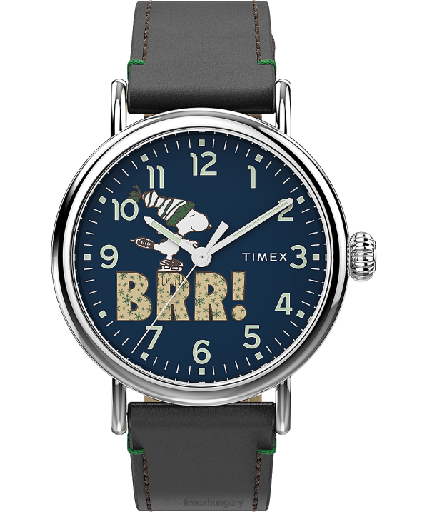 órák | B8NR197 Timex ezüst tónusú/barna/kék szabványos x peanuts snoopy téli 40 mm-es bőrszíjas karórával férfiak