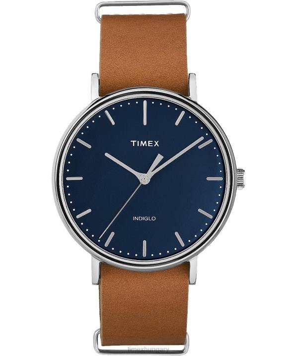 órák | B8NR198 Timex króm/barna/kék Fairfield átcsúsztatható 41 mm-es bőr szíjas óra férfiak