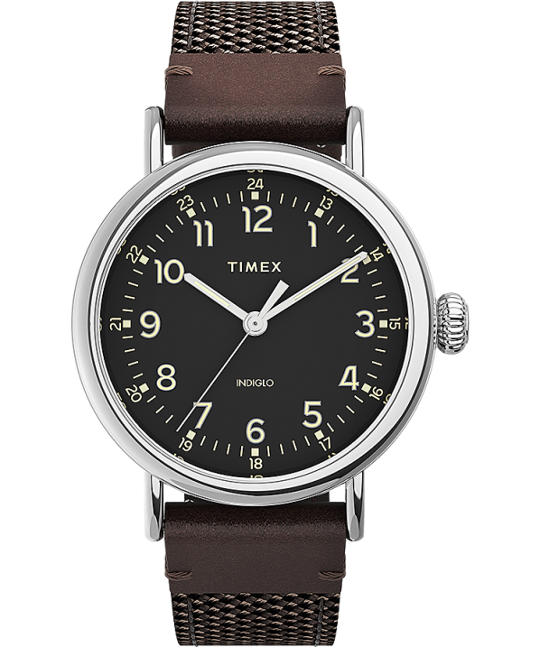 órák | B8NR201 Timex ezüst tónusú/barna/fekete szabványos 40 mm-es szövet és bőr szíjas óra férfiak