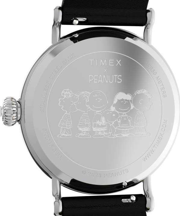 órák | B8NR204 Timex ezüst tónusú/fekete/fehér standard x peanuts, boldog születésnapot snoopy 40 mm-es bőrszíjas karórával férfiak