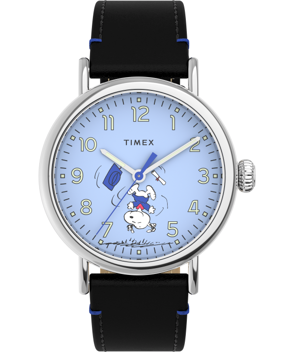 órák | B8NR208 Timex ezüst tónusú/fekete/kék szabványos x földimogyoró 40 mm-es bőrszíjas karóra snoopy beosztással férfiak