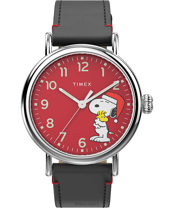 órák | B8NR210 Timex ezüst tónusú/fekete/piros standard x peanuts snoopy ünnepi 40 mm-es bőrszíjas karórával férfiak