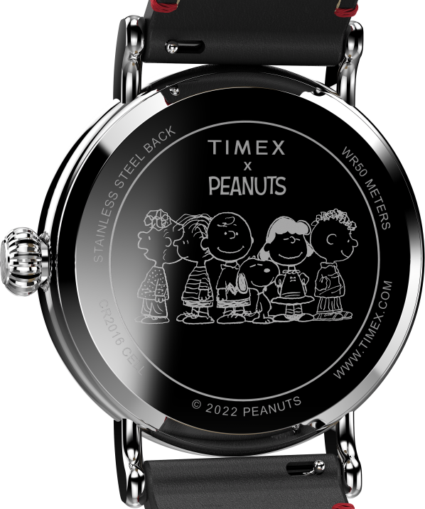 órák | B8NR210 Timex ezüst tónusú/fekete/piros standard x peanuts snoopy ünnepi 40 mm-es bőrszíjas karórával férfiak