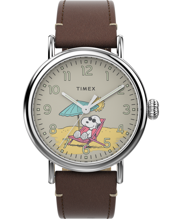 órák | B8NR225 Timex ezüst tónusú/barna/barna standard x peanuts snoopy at the beach 40mm-es bőrszíjas karórával férfiak
