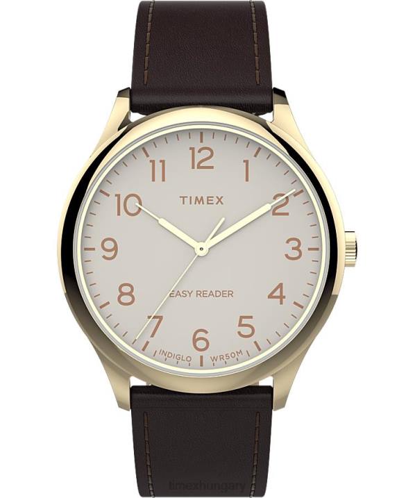 órák | B8NR234 Timex arany tónusú/krémes könnyű olvasó 40 mm-es bőr szíjas óra férfiak