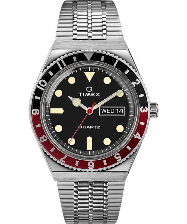 órák | B8NR110 Q Timex rozsdamentes acél/fekete/piros újrakiadás 38mm-es rozsdamentes acél karkötős óra férfiak