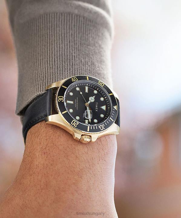 órák | B8NR132 Timex arany tónusú/fekete Harbourside Coast 43mm-es bőrszíjas karóra férfiak