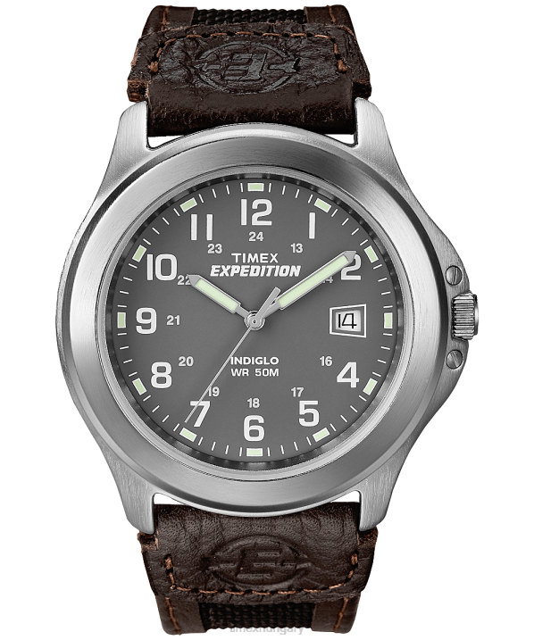 órák | B8NR24 Timex ezüst tónusú/fekete/szürke expedition fém mezei 40mm-es bőr szíjas karóra férfiak