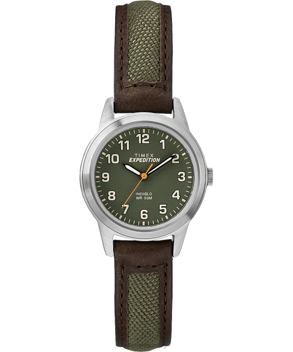 órák | B8NR25 Timex króm/barna/zöld expedition field mini 26mm-es bőr szíjas karóra férfiak