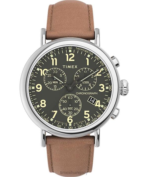 órák | B8NR101 Timex ezüst tónusú/barna/zöld standard kronográf 41 mm-es bőr szíjas óra férfiak