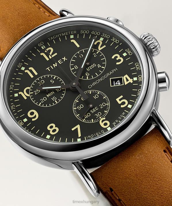 órák | B8NR101 Timex ezüst tónusú/barna/zöld standard kronográf 41 mm-es bőr szíjas óra férfiak