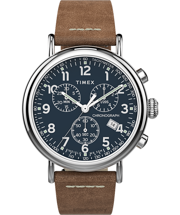 órák | B8NR102 Timex ezüst tónusú/barna/kék standard kronográf 41 mm-es bőr szíjas óra férfiak