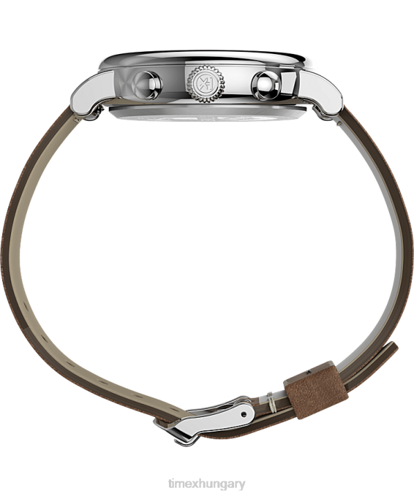 órák | B8NR102 Timex ezüst tónusú/barna/kék standard kronográf 41 mm-es bőr szíjas óra férfiak