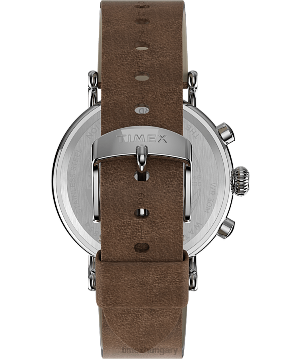 órák | B8NR102 Timex ezüst tónusú/barna/kék standard kronográf 41 mm-es bőr szíjas óra férfiak