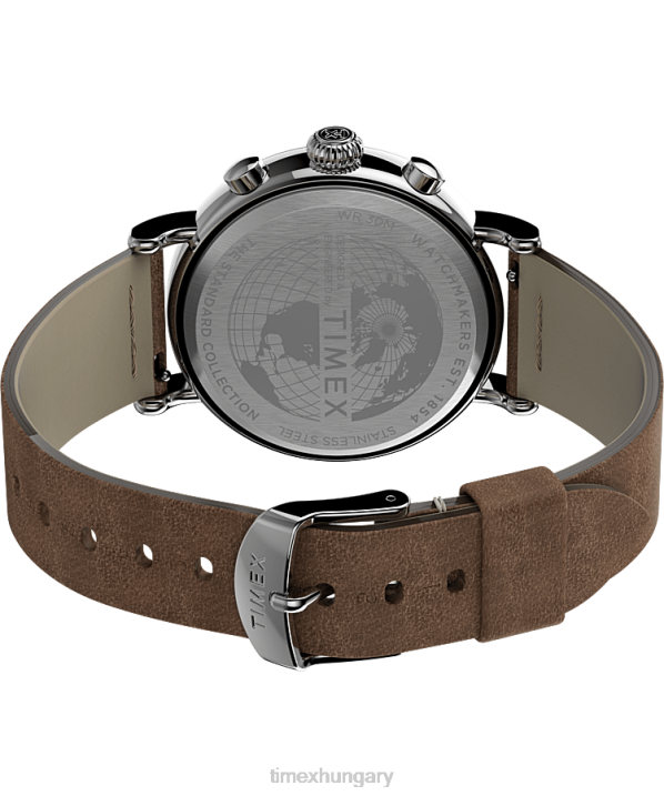 órák | B8NR102 Timex ezüst tónusú/barna/kék standard kronográf 41 mm-es bőr szíjas óra férfiak