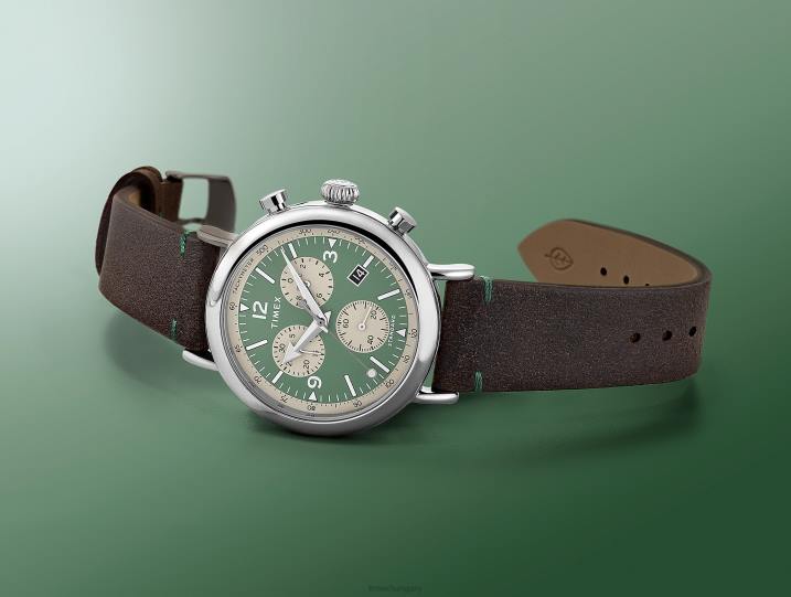 órák | B8NR103 Timex ezüst tónusú/barna/zöld szabványos kronográf 41 mm-es környezetbarát bőr szíjas óra férfiak