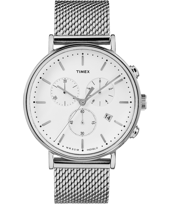 órák | B8NR104 Timex ezüst tónusú/fehér Fairfield kronográf 41 mm-es hálós karóra férfiak