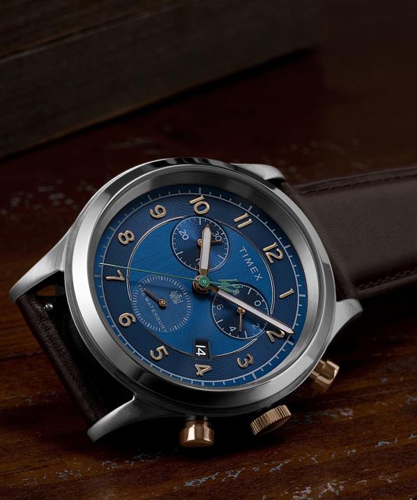 órák | B8NR83 Timex rozsdamentes acél/kék Waterbury hagyományos kronográfos 42 mm-es bőr szíjas óra férfiak