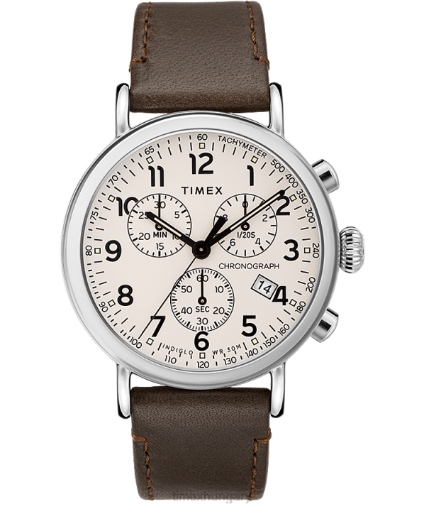 órák | B8NR90 Timex ezüst tónusú/barna/krémes standard kronográf 41 mm-es bőr szíjas óra férfiak