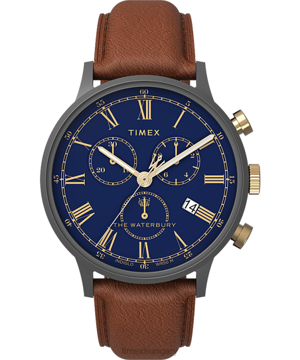 órák | B8NR92 Timex gunmetal/barna/kék Waterbury klasszikus kronográfos 40 mm-es bőr szíjas óra férfiak