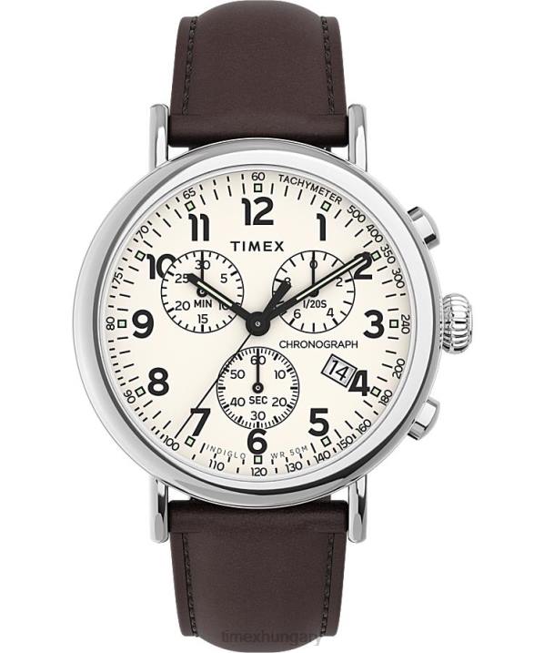 órák | B8NR97 Timex ezüst tónusú/barna/krémes standard kronográf 41 mm-es bőr szíjas óra férfiak