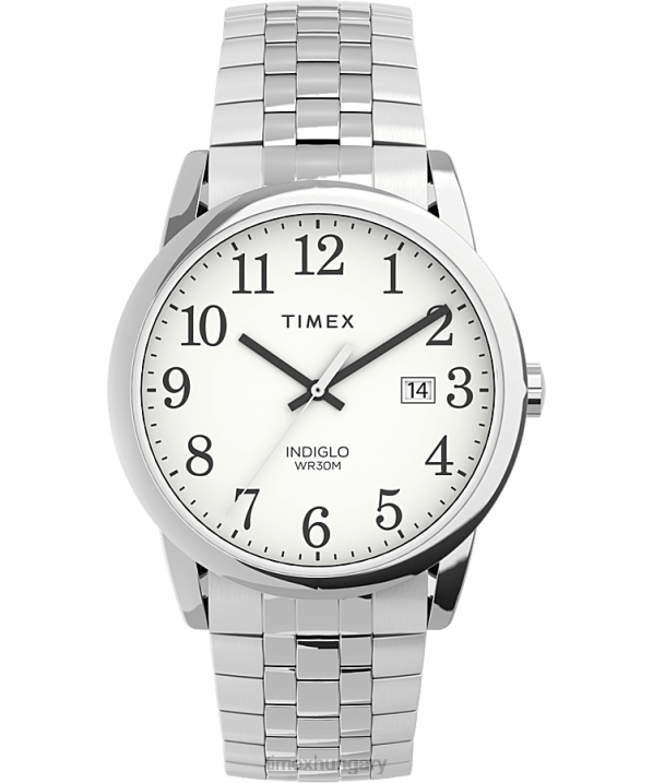órák | B8NR148 Timex ezüst tónusú/fehér Easy Reader 38mm-es rozsdamentes acél tágulási szalagos óra tökéletes illeszkedéssel férfiak