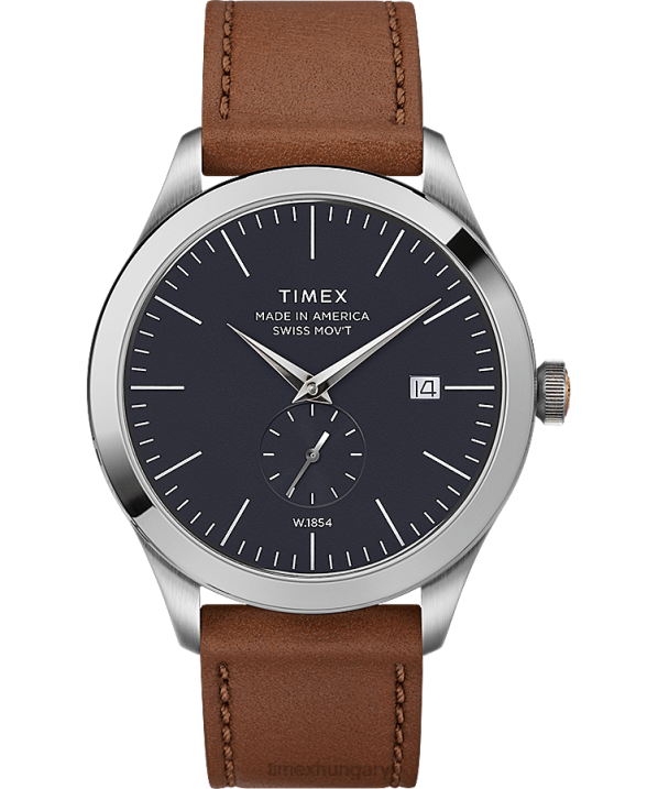 órák | B8NR279 Timex rozsdamentes acél/barna/kék amerikai dokumentumok 41mm-es bőr szíjas óra férfiak