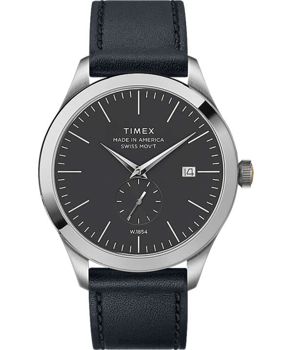 órák | B8NR281 Timex rozsdamentes acél/kék/szürke amerikai dokumentumok 41mm-es bőr szíjas óra férfiak