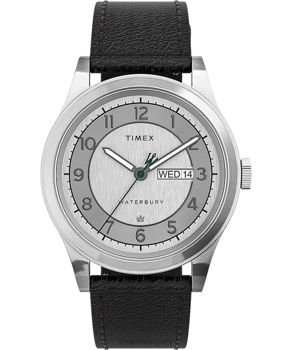 órák | B8NR289 Timex rozsdamentes acél/fekete/ezüst tónusú Waterbury hagyományos nappali 39 mm-es bőr szíjas karóra férfiak