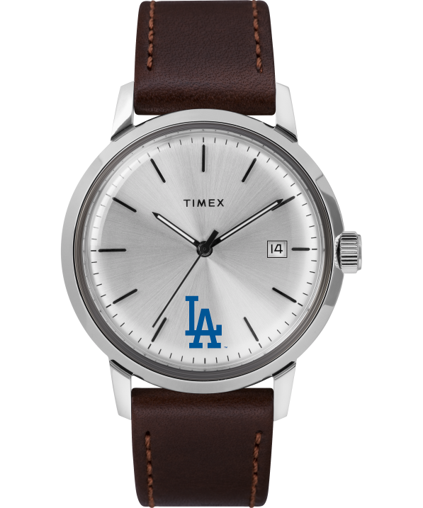 órák | B8NR291 Timex rozsdamentes acél/barna/ezüst tónusú Marlin automata 40 mm-es bőrszíjas karóra los angeles dodgerekkel férfiak