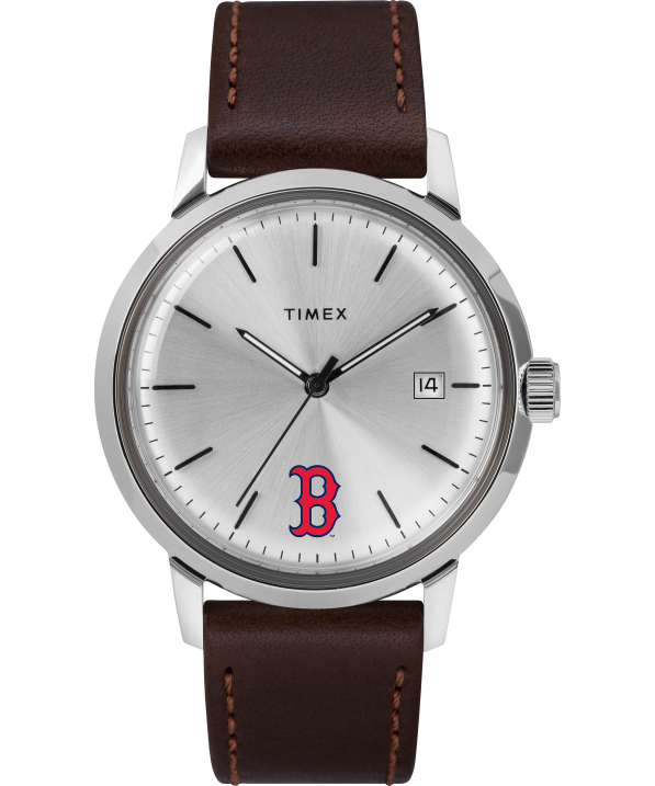 órák | B8NR292 Timex rozsdamentes acél/barna/ezüst tónusú marlin automata, 40 mm-es bőrszíjas karóra boston red sox képpel férfiak