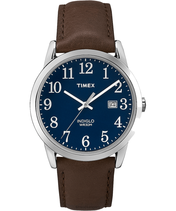 órák | B8NR305 Timex ezüst tónusú/barna/kék könnyen leolvasható 38 mm-es bőr szíjas óra férfiak