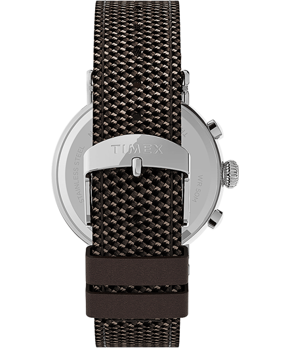 órák | B8NR312 Timex ezüst tónusú/barna/fekete szabványos kronográf 41 mm-es szövet és bőr szíjas óra férfiak