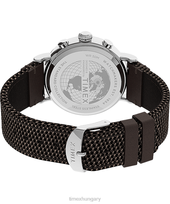 órák | B8NR312 Timex ezüst tónusú/barna/fekete szabványos kronográf 41 mm-es szövet és bőr szíjas óra férfiak