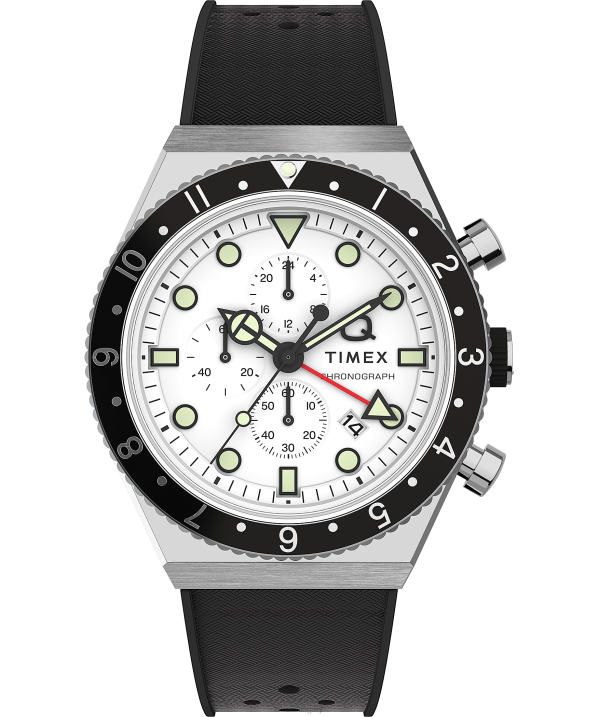 órák | B8NR64 Q Timex rozsdamentes acél/fekete/fehér három időzónás kronográf 40 mm-es szintetikus gumi szíjas óra férfiak